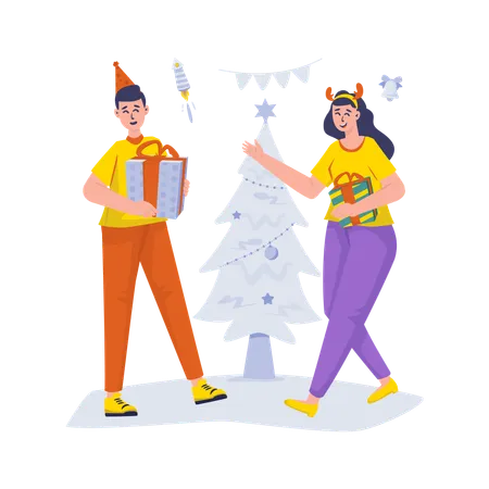 Free Couple Exchange Gift Celebrates Christmas And New Year Party Illustration Illustration