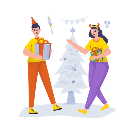 Free Couple exchange gift celebrates christmas  Illustration