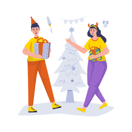 Free Couple exchange gift celebrates christmas  Illustration