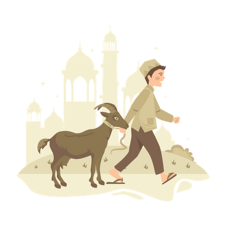 Free Criança muçulmana andando com cabra  Ilustração