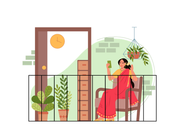 Free Dame faisant un appel vidéo à son amie sur le balcon  Illustration