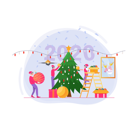 Free Decorando uma árvore de Natal com a família  Ilustração