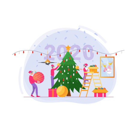 Free Decorating a Christmas tree with family  Illustration