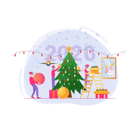 Free Flat Illustrations Decorating A Christmas Tree With A Family To Celebrate Christmas And The 2020 New Year Illustration