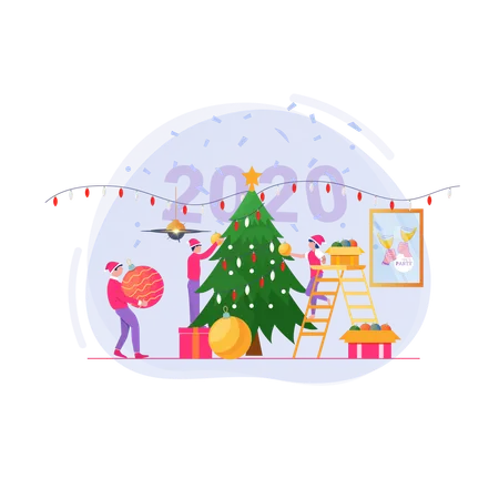 Free Decorating a Christmas tree with family  Illustration