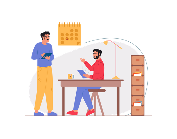 Free Employé discutant de stratégie au bureau  Illustration