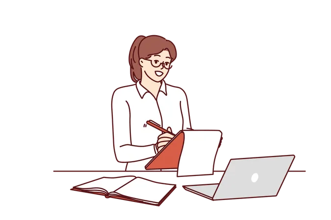 Free Successful Businesswoman Or Freelancer Girl Working Via Internet Is At Workplace With Laptop Woman Making Notes In Clipboard Standing Near Desk With Laptop Planning Own Working Day Illustration