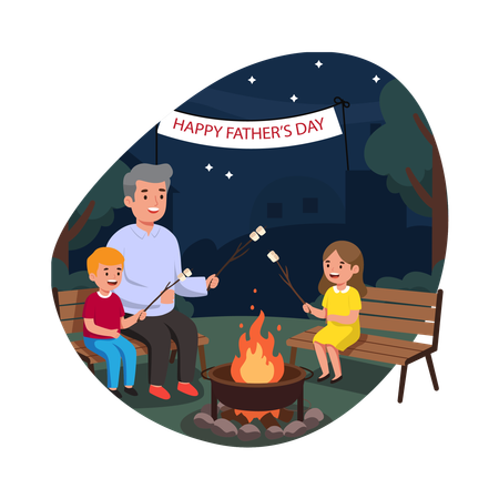 Free Les enfants partagent des histoires autour du feu de camp avec leur père  Illustration