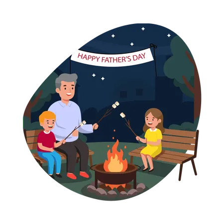 Free Les enfants partagent des histoires autour du feu de camp avec leur père  Illustration
