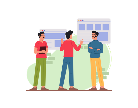 Free Equipe discutindo sobre desenvolvimento de sites  Ilustração