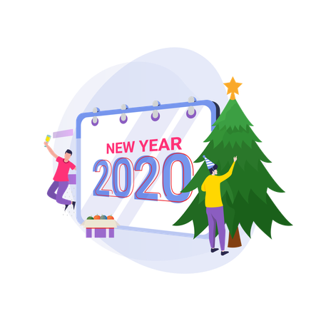 Free Esperando um Ano Novo e decorando uma árvore de Natal  Ilustração