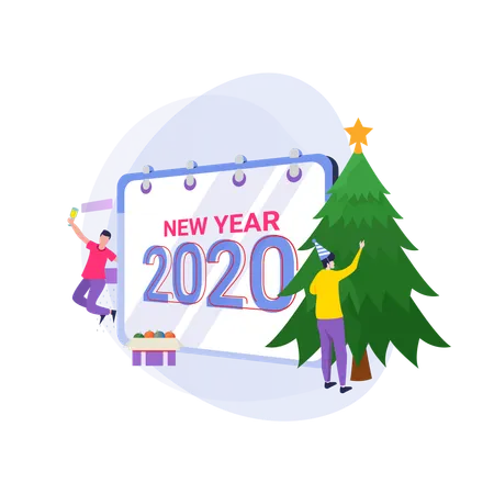 Free Design Plano Aguarda O Ano Novo 2020 E Decora Uma Arvore De Natal Ilustração