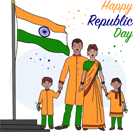 Free Família indiana comemorando o dia da república com hasteamento da bandeira indiana  Ilustração