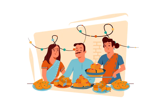 Free Familie verteilt Diwali-Süßigkeiten  Illustration