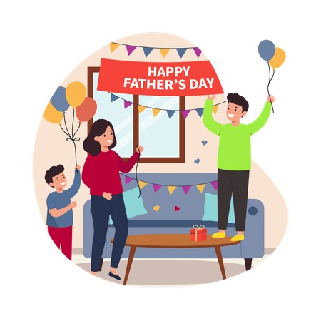 Free Famille avec une décoration « Joyeuse fête des pères »  Illustration