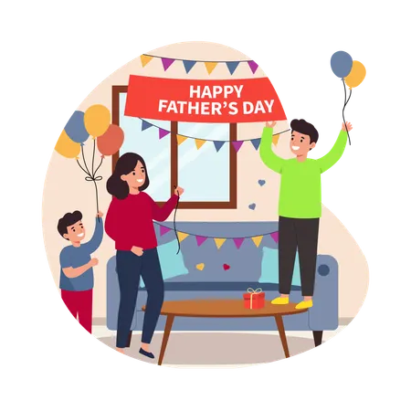 Free Famille avec une décoration « Joyeuse fête des pères »  Illustration