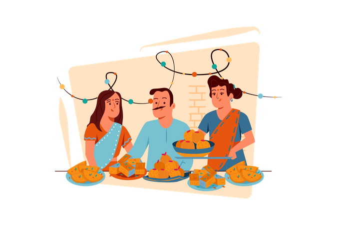 Free Family distributing diwali sweets  イラスト