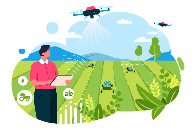 Free Farmer using automated watering copter Illustration