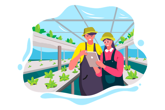 Free Farmers using smart device for crop monitoring Illustration