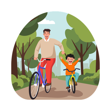Free Father and son Cycling Together in the Park  Illustration