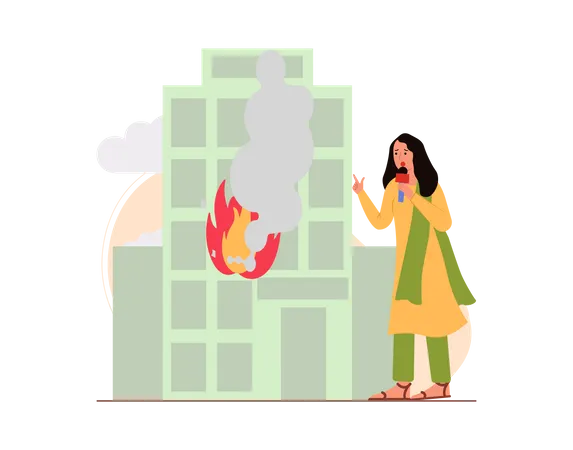 Free Female news reporter reporting fire incident Illustration