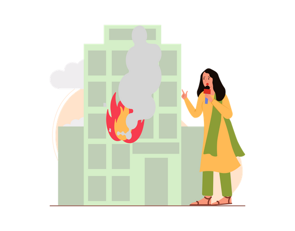 Free Female news reporter reporting fire incident  Illustration