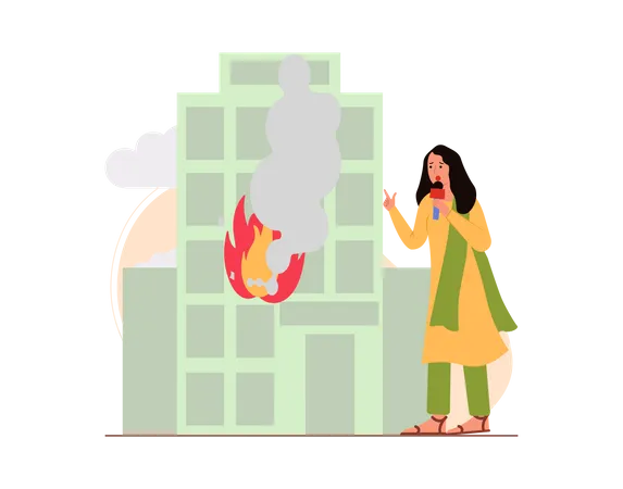 Free Female news reporter reporting fire incident  Illustration