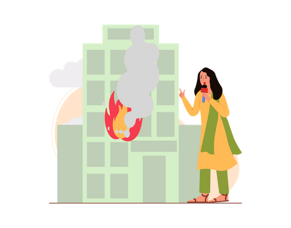 Free Female news reporter reporting fire incident  Illustration