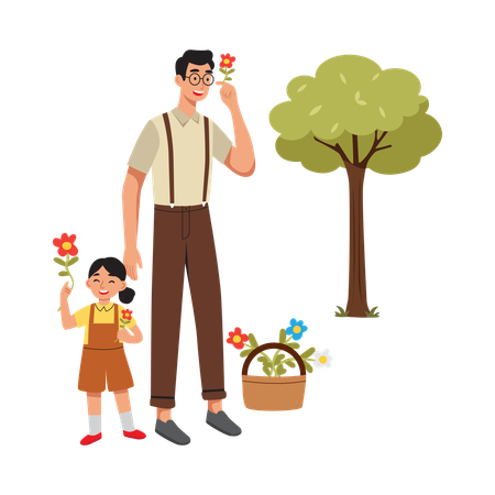 Free Fille debout avec son père et ramassant des fleurs  Illustration