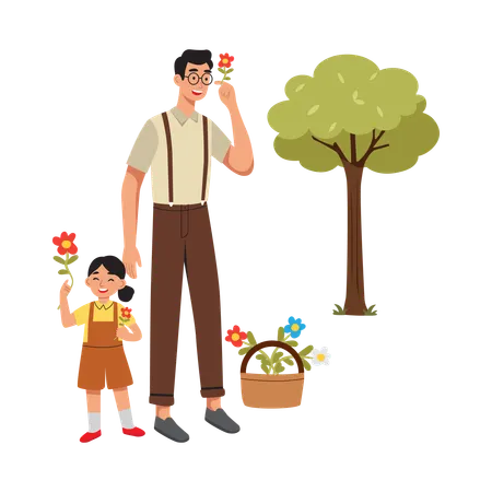 Free Fille debout avec son père et ramassant des fleurs  Illustration