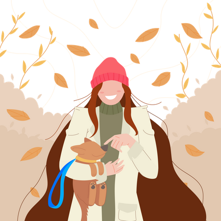 Free Une fille marche en automne avec son chien  Illustration