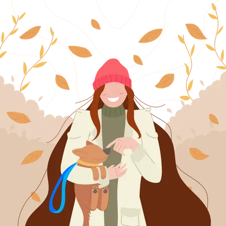 Free Une fille marche en automne avec son chien  Illustration