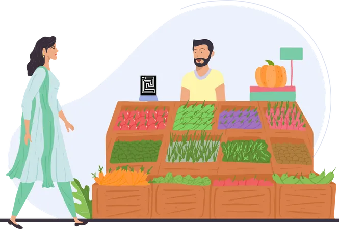 Free Fille visitant un vendeur de légumes indien pour acheter des légumes  Illustration