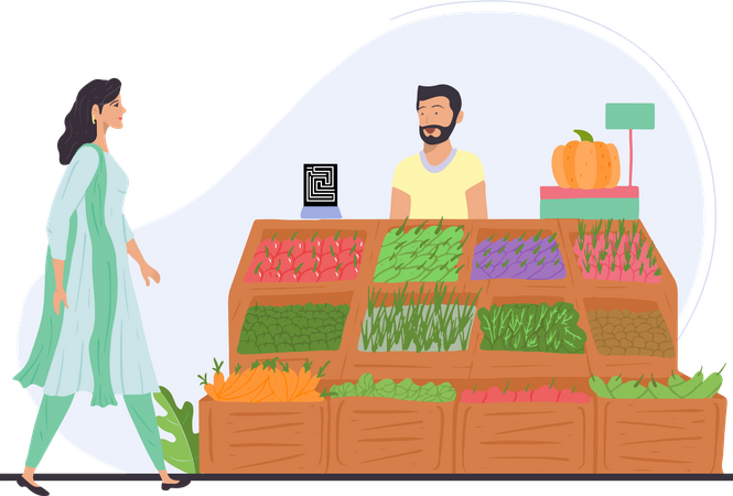 Free Fille visitant un vendeur de légumes indien pour acheter des légumes  Illustration