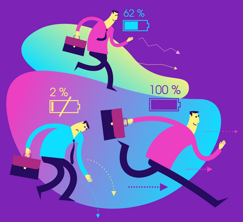 Free Flat Design Illustration For Presentation, Web, Landing Page: A Man Tired With A Dead Battery And Energetic With A Full Battery  Illustration
