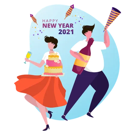 Free Illustration Of Couple Celebrates New Year 2021 Party Illustration