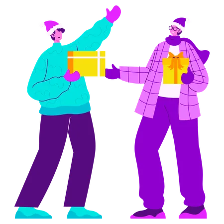 Free Friends Exchanging Christmas Presents  Illustration