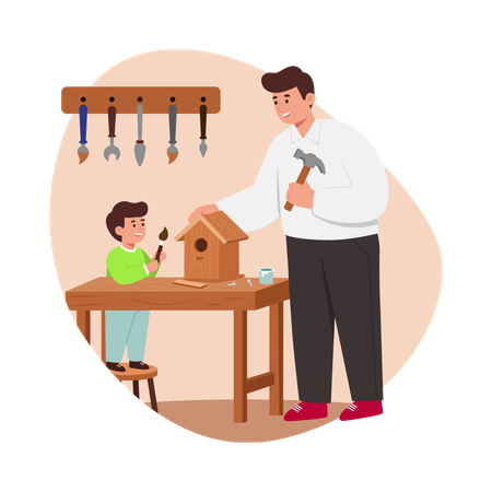 Free Un garçon construit une maison d'oiseau avec son père  Illustration