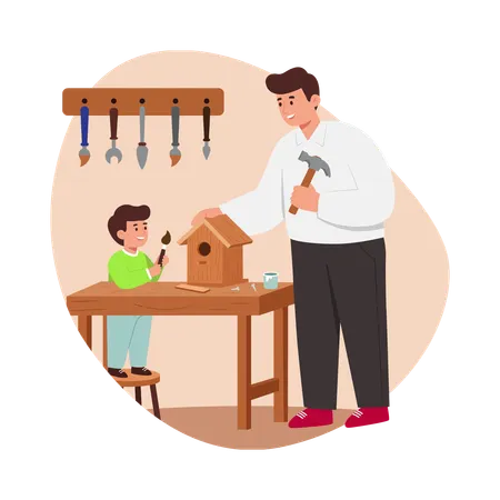 Free Un garçon construit une maison d'oiseau avec son père  Illustration
