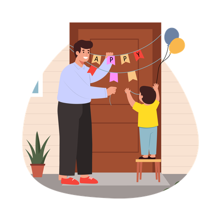 Free Garçon décorant la maison pour papa  Illustration