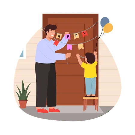 Free Garçon décorant la maison pour papa  Illustration