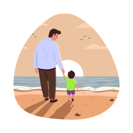 Free Garçon marchant sur la plage avec papa  Illustration