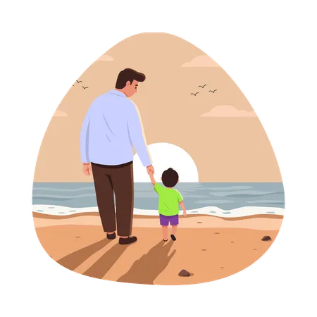 Free Garçon marchant sur la plage avec papa  Illustration
