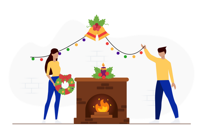 Free Gente decorando la casa para Navidad.  Ilustración