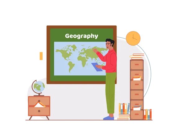 Free Geography teacher teaching while pointing towards earth map  Illustration
