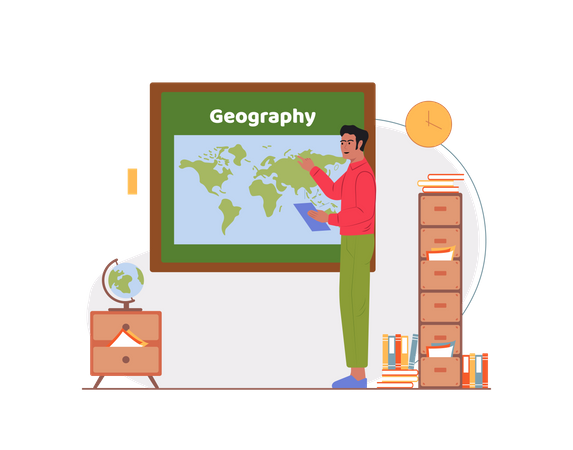 Free Geography teacher teaching while pointing towards earth map  Illustration