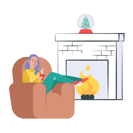 Free Girl drinking coffee near fireplace  일러스트레이션