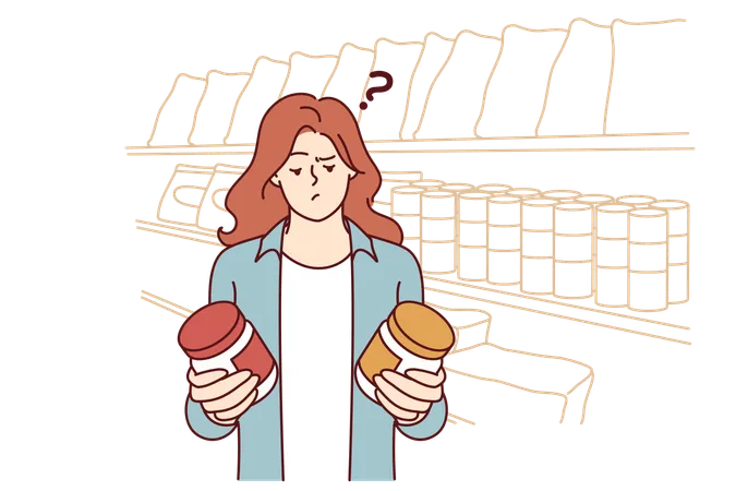 Free Doubting Woman Standing In Grocery Store With Two Similar Cans And Reading Composition Before Buying Girl Has Doubts Buying Honey Or Peanut Butter And Needs Help Of Consultant Working In Supermarket Illustration