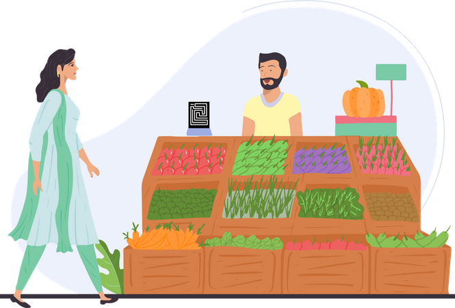 Free Girl visiting indian vegetable vendor for buying vegetables  Illustration