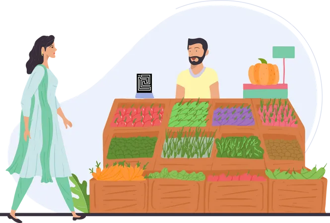 Free Girl visiting indian vegetable vendor for buying vegetables  Illustration